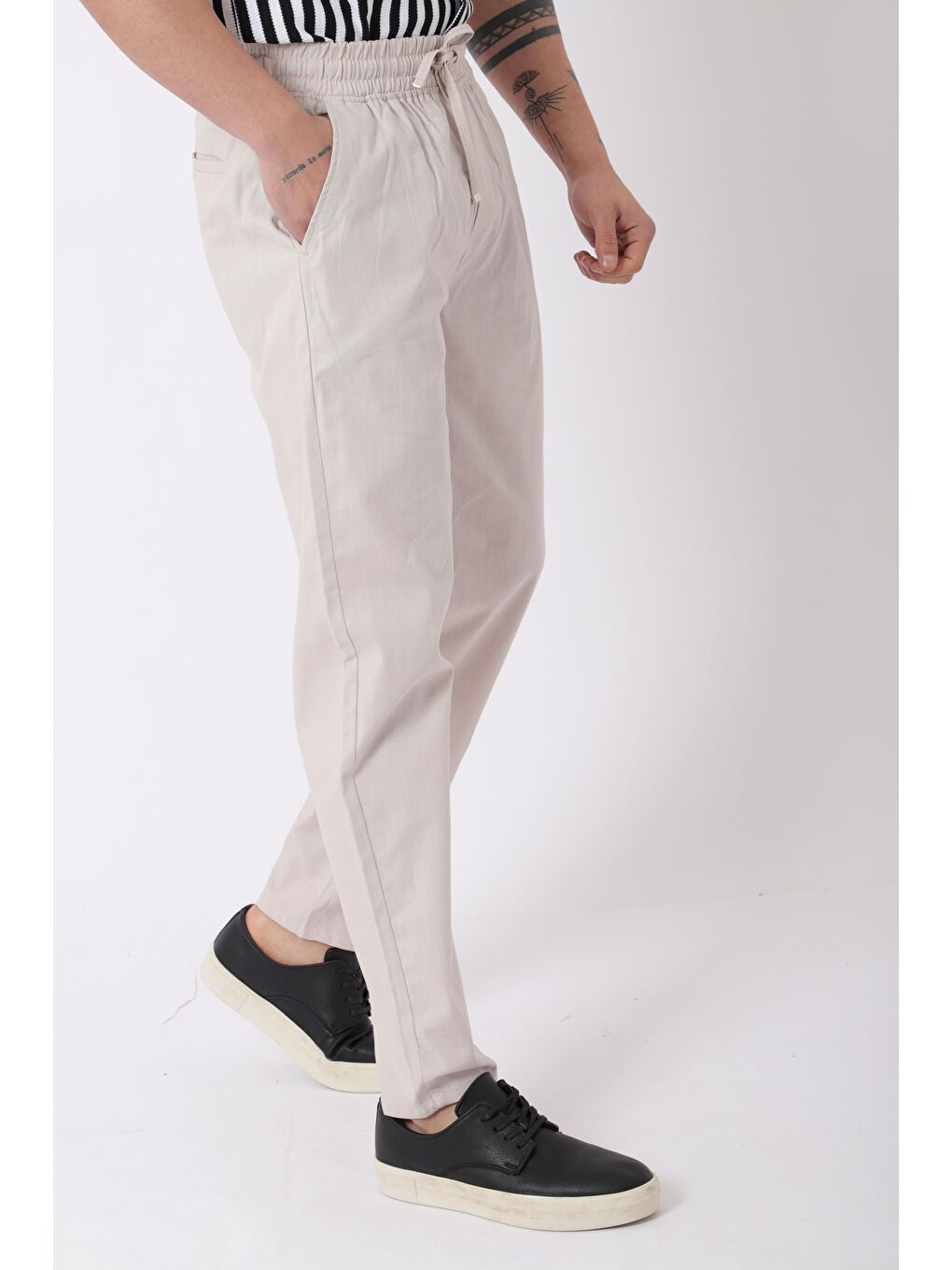 Ekru Bel Lastikli Keten Erkek Pantolon PLDP-01K_0385-2