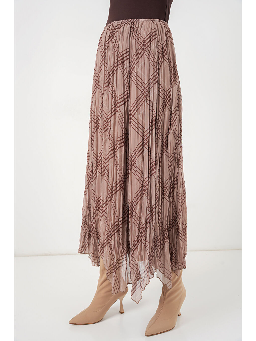 Bej Kadın Asimetrik Kesim Şifon Etek 8056 - Vizon-3