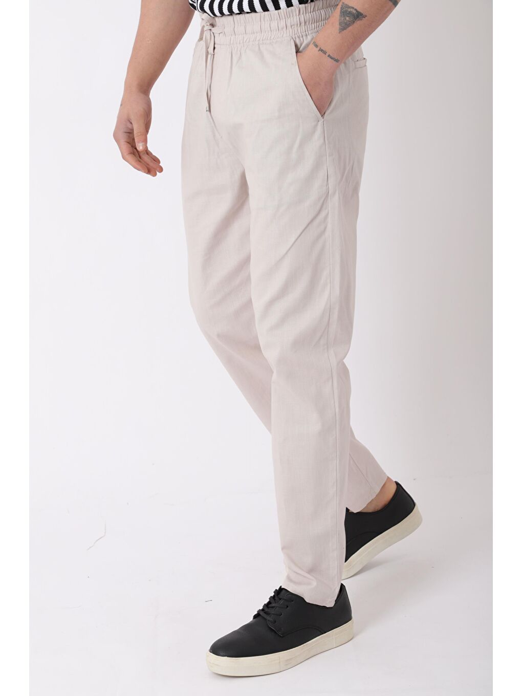 Ekru Bel Lastikli Keten Erkek Pantolon PLDP-01K_0385-3