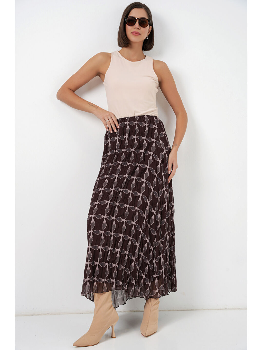 Kadın Desenli Astarlı Şifon Etek 8058 - Kahverengi-4