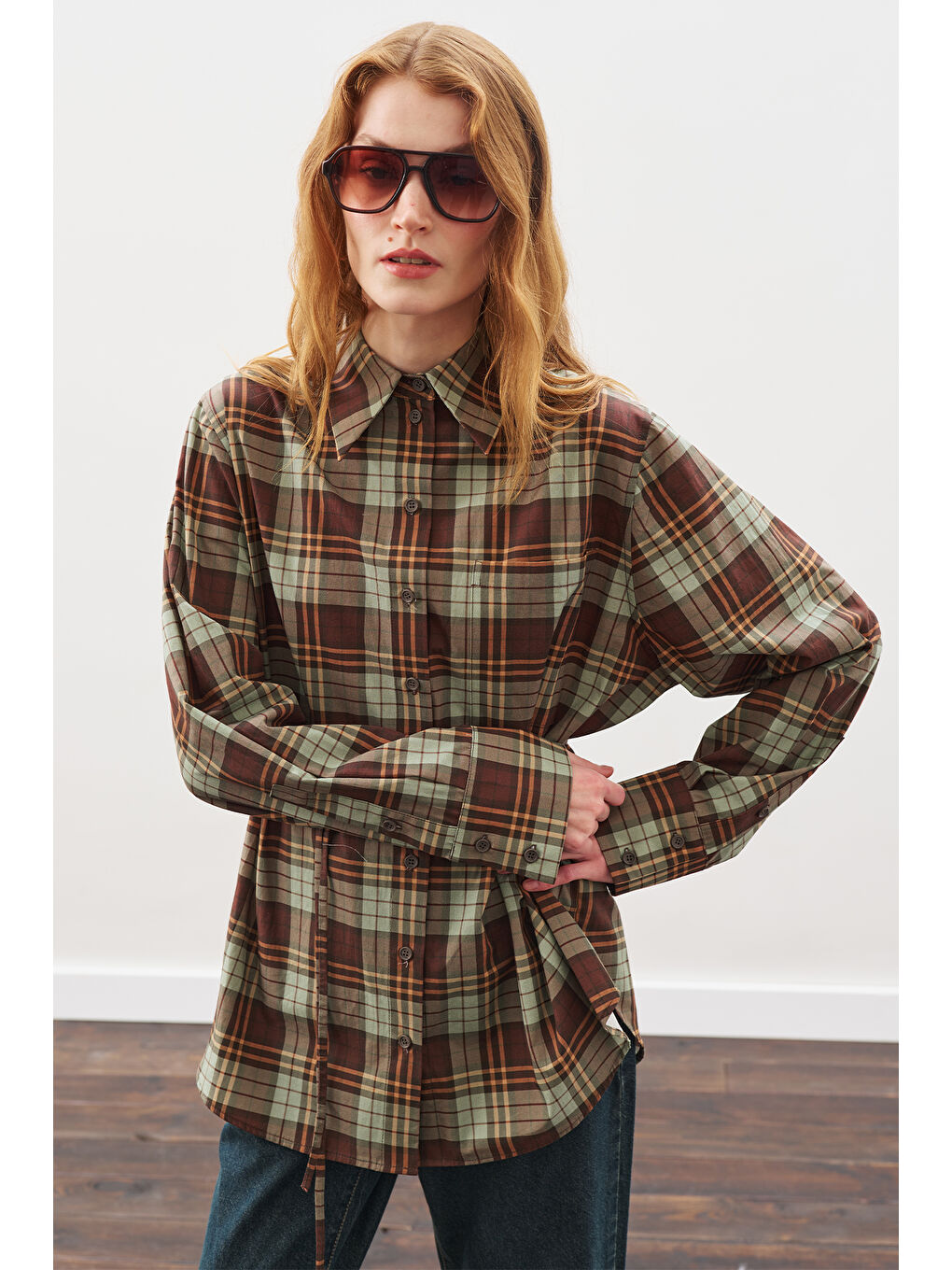 Üçgen Fularlı Oversıze Gömlek Ekose Yeşil-4