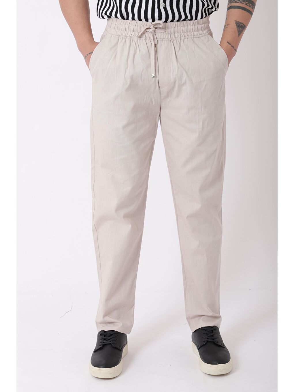 Ekru Bel Lastikli Keten Erkek Pantolon PLDP-01K_0385-4