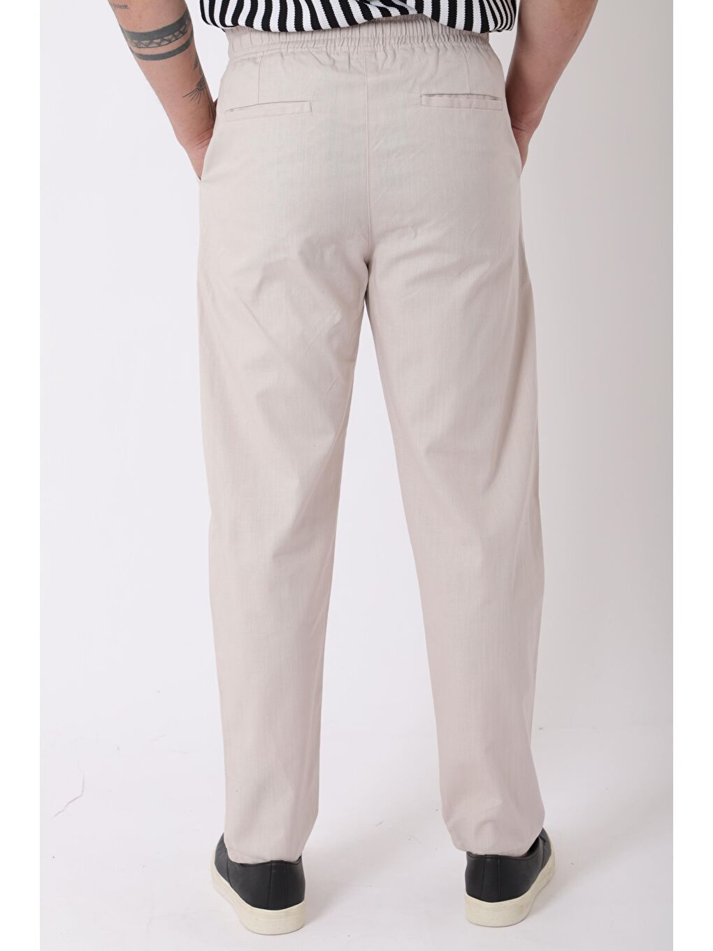 Ekru Bel Lastikli Keten Erkek Pantolon PLDP-01K_0385-5