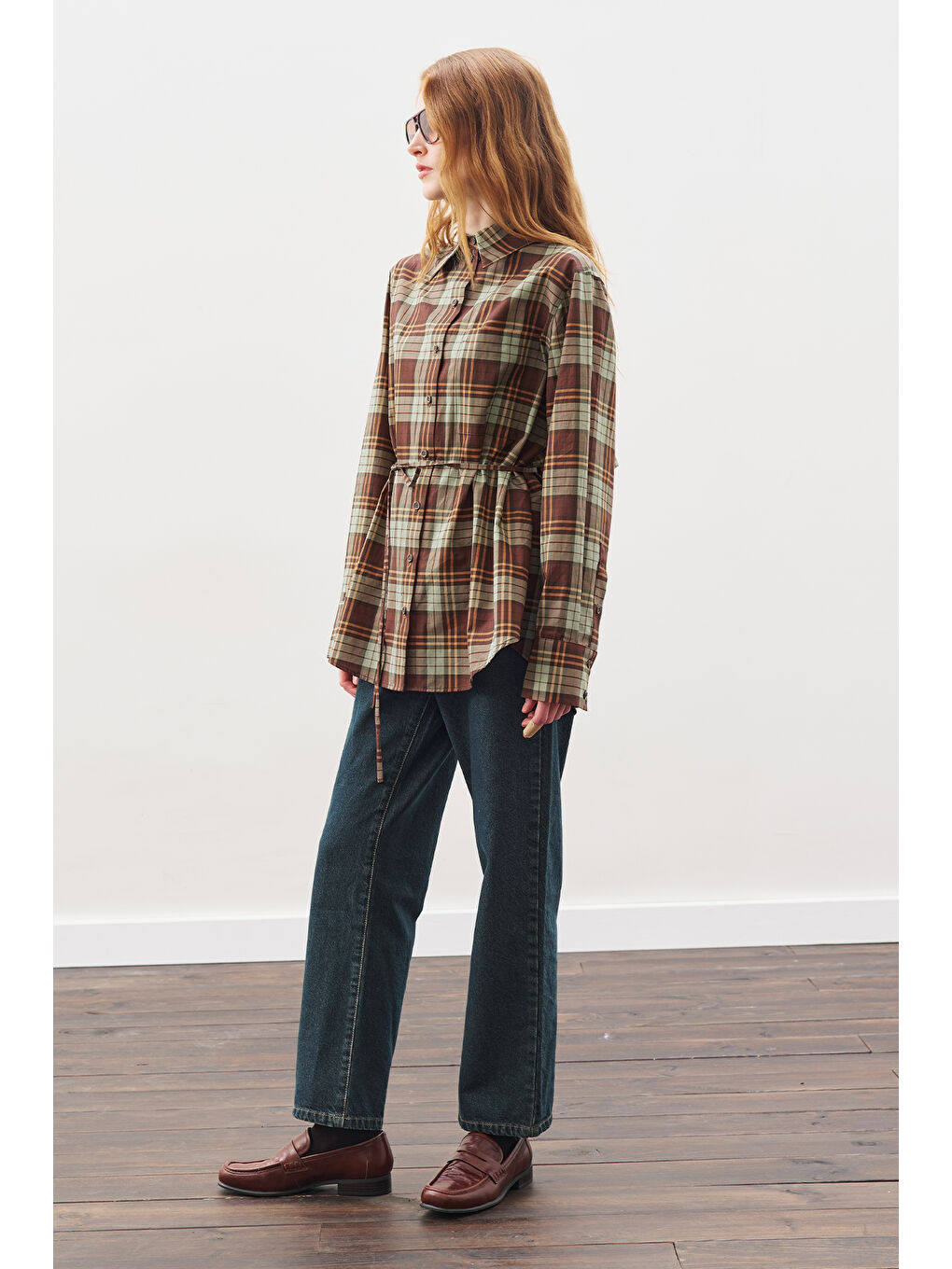 Üçgen Fularlı Oversıze Gömlek Ekose Yeşil-5