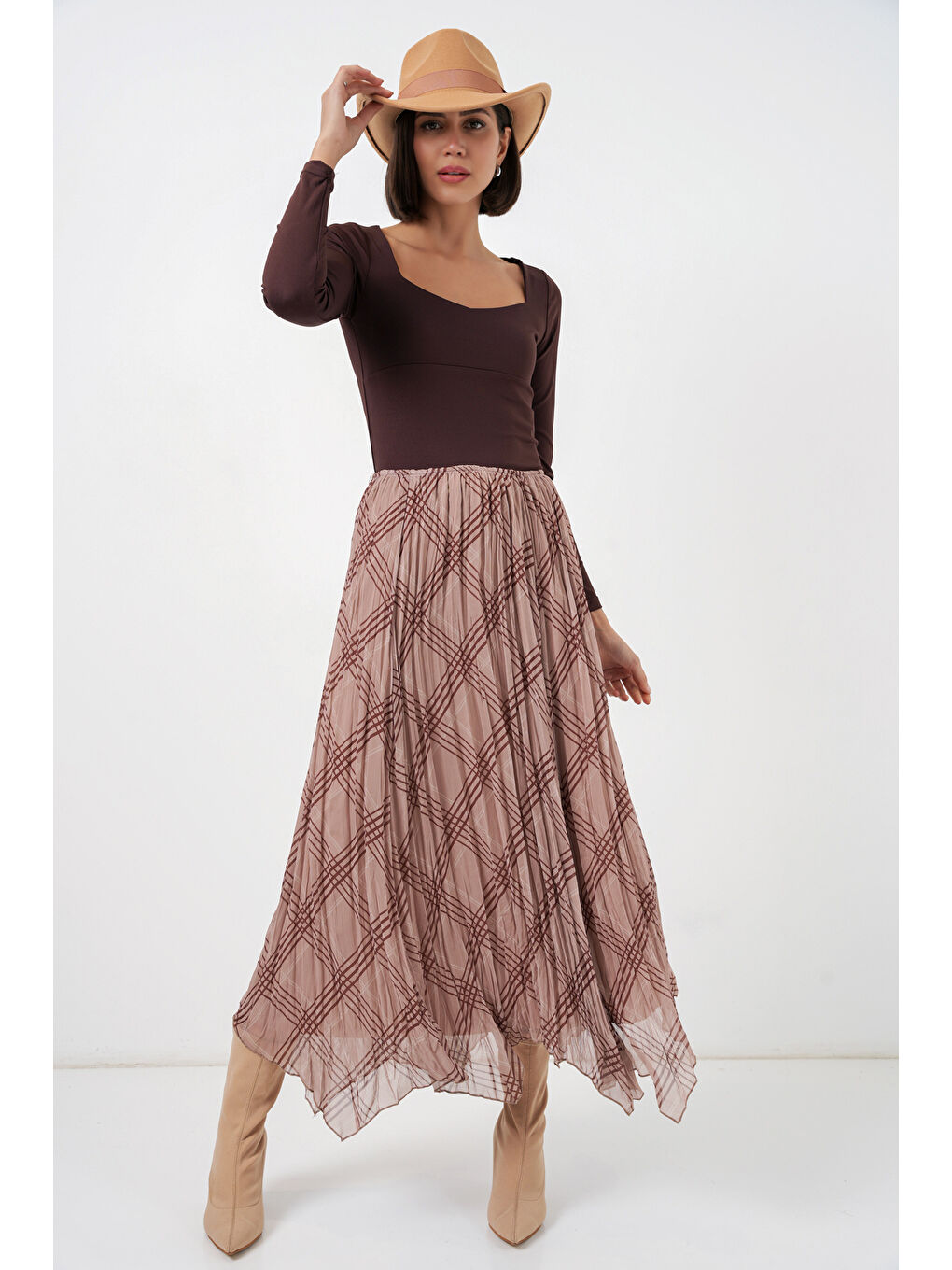 Bej Kadın Asimetrik Kesim Şifon Etek 8056 - Vizon-4