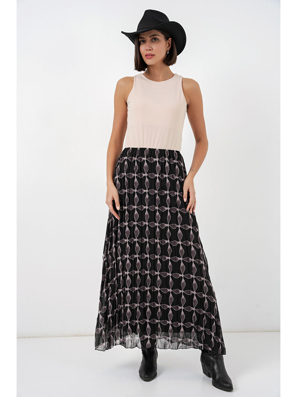 Kadın Desenli Astarlı Şifon Etek 8058 - Siyah-2