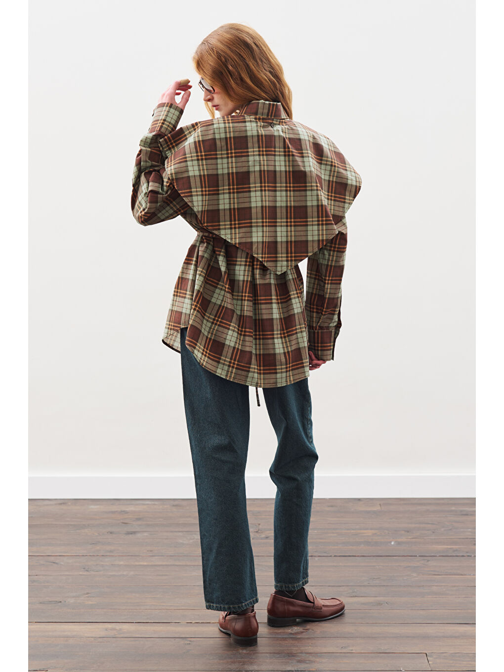 Üçgen Fularlı Oversıze Gömlek Ekose Yeşil-6