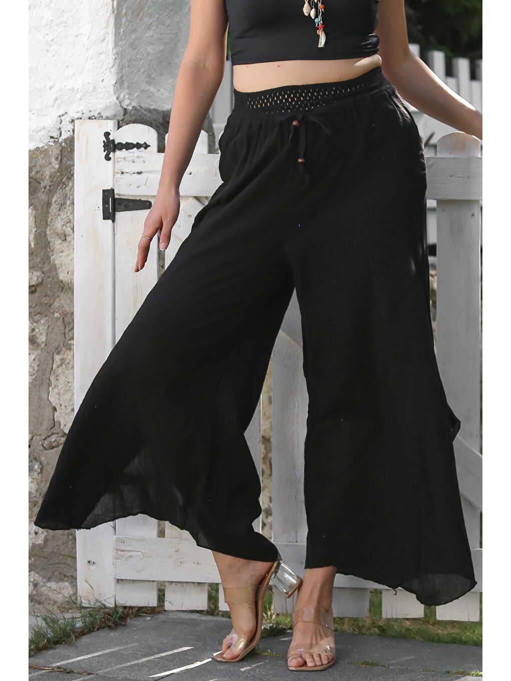 Siyah Cepli Astarlı Lastikli Ve Bağlamalı Bel Geniş Paça Casual Dokuma Pantolon 105 65