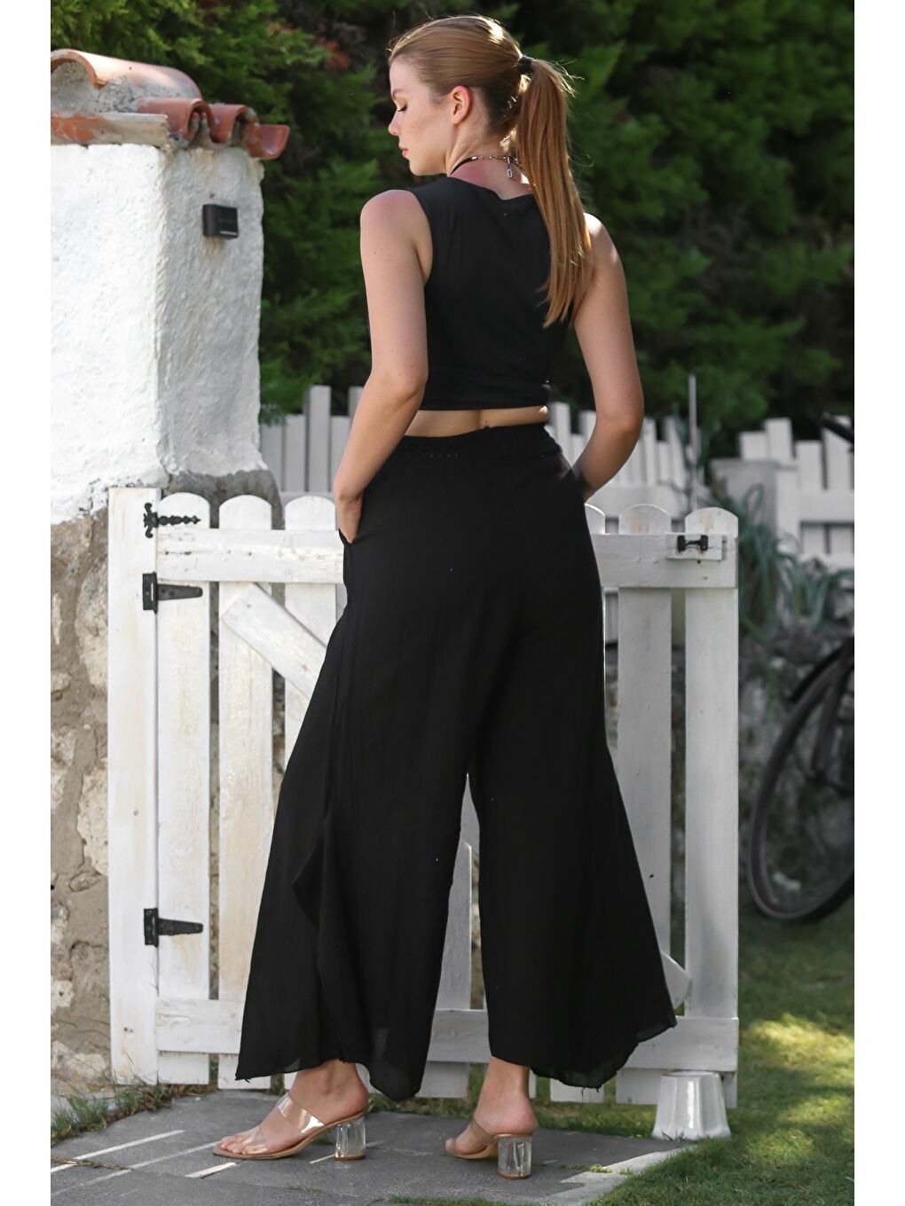 Siyah Cepli Astarlı Lastikli Ve Bağlamalı Bel Geniş Paça Casual Dokuma Pantolon 105 65-1