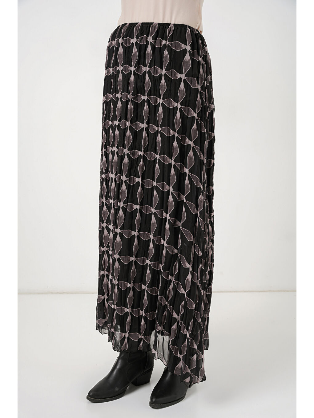 Kadın Desenli Astarlı Şifon Etek 8058 - Siyah-3