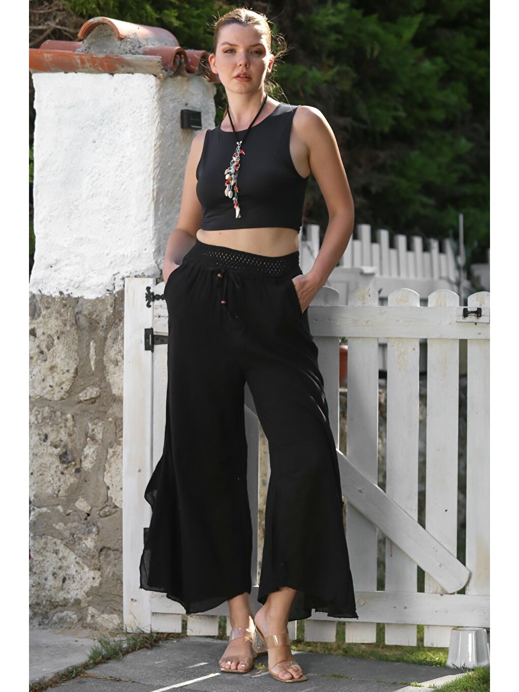 Siyah Cepli Astarlı Lastikli Ve Bağlamalı Bel Geniş Paça Casual Dokuma Pantolon 105 65-3