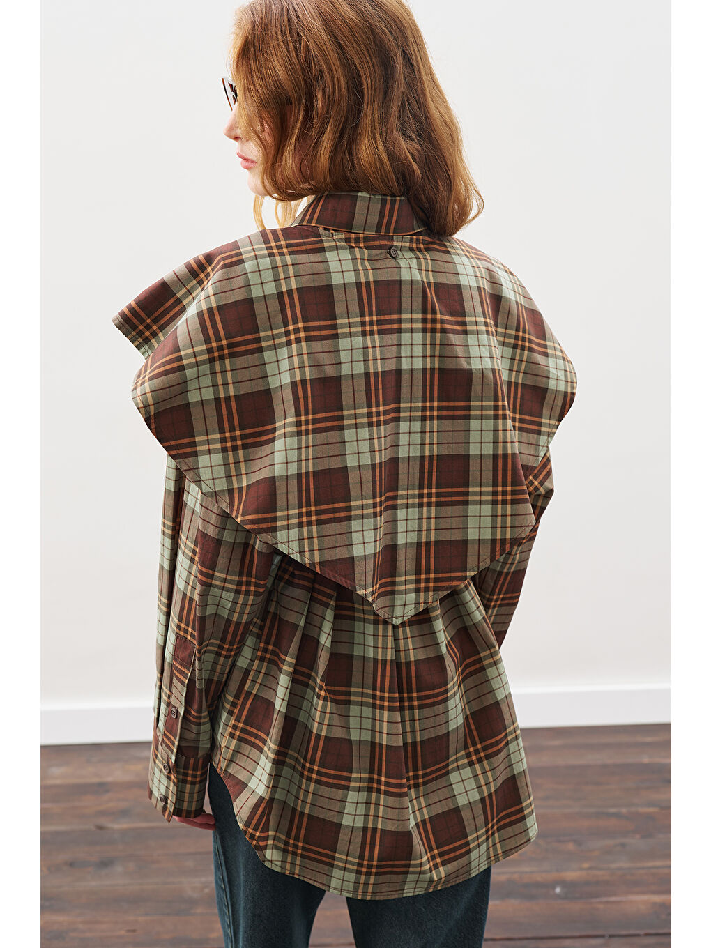 Üçgen Fularlı Oversıze Gömlek Ekose Yeşil-7