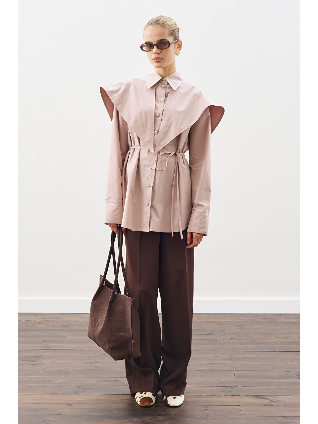 Üçgen Fularlı Oversıze Gömlek Soft Pembe-1