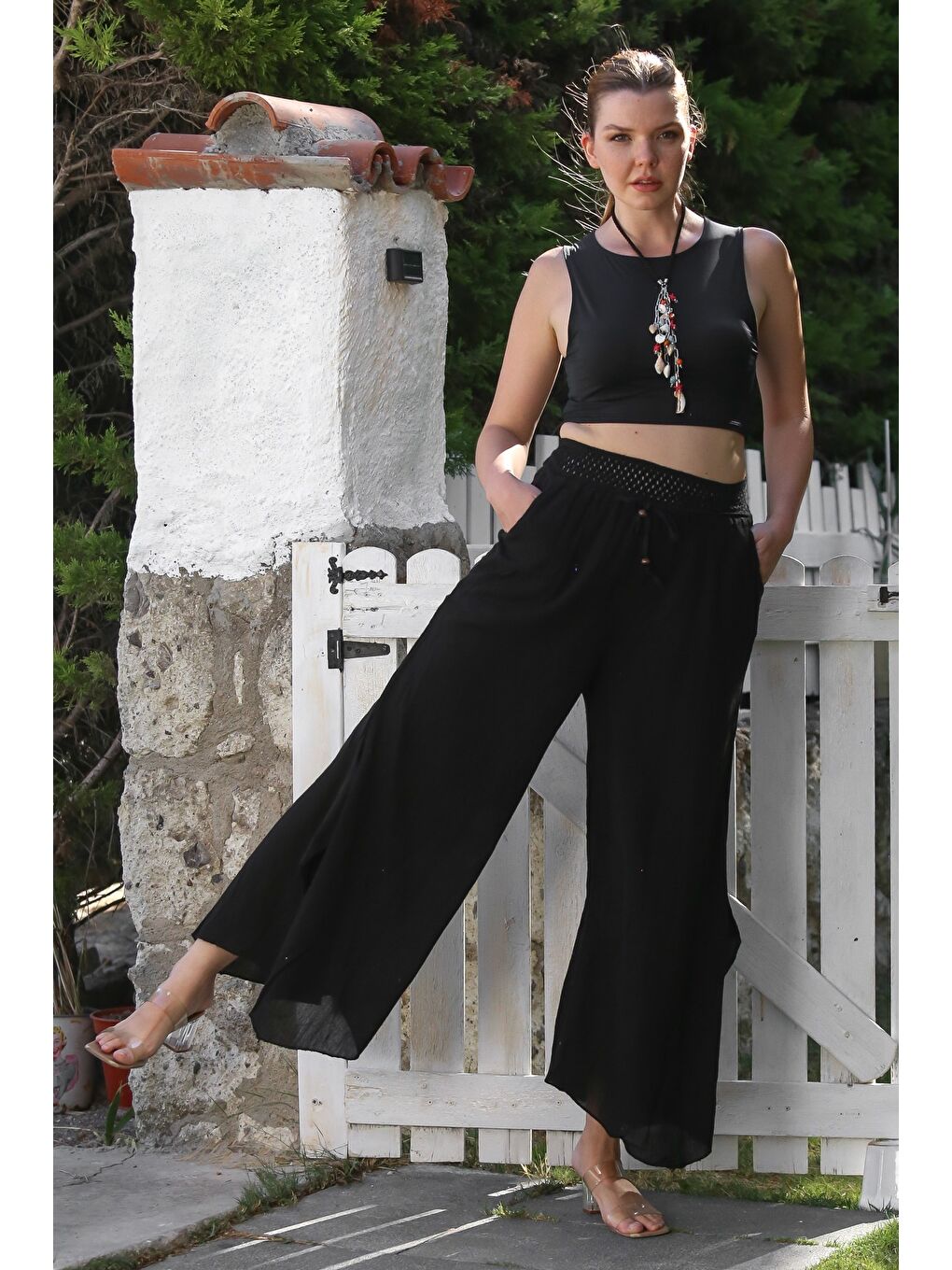 Siyah Cepli Astarlı Lastikli Ve Bağlamalı Bel Geniş Paça Casual Dokuma Pantolon 105 65-4