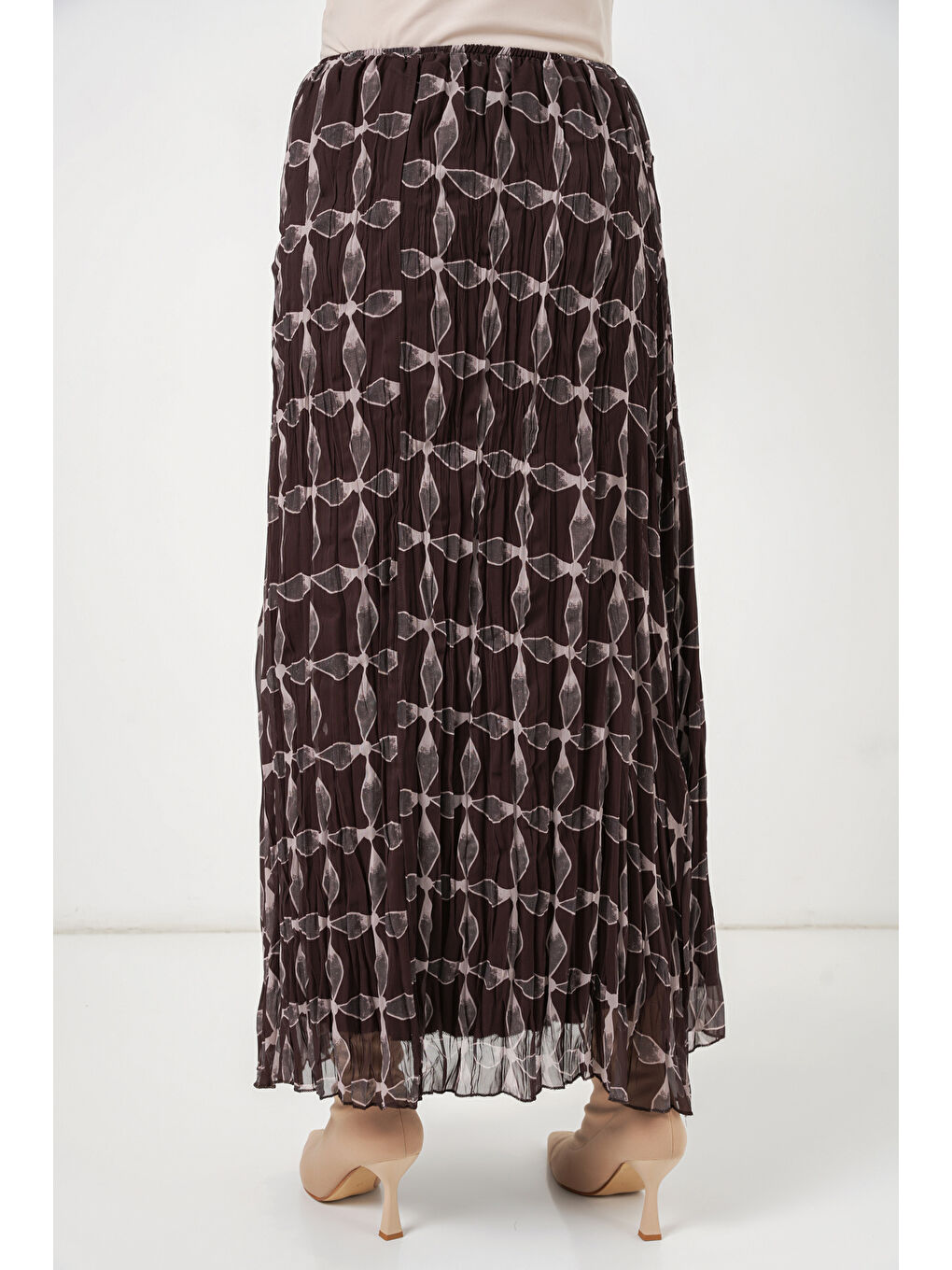 Kadın Desenli Astarlı Şifon Etek 8058 - Kahverengi-6