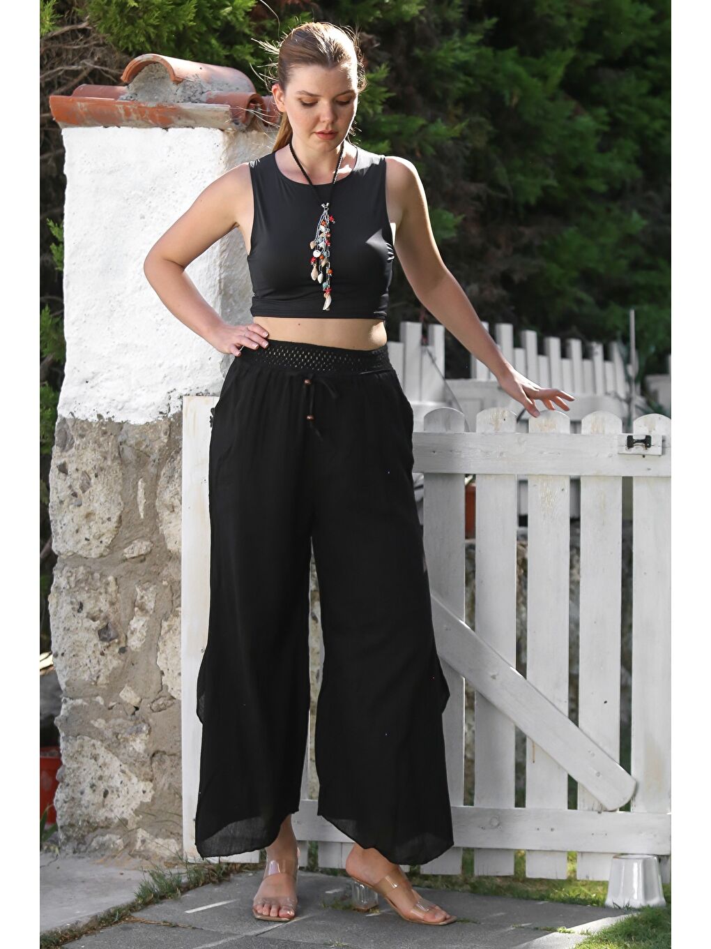 Siyah Cepli Astarlı Lastikli Ve Bağlamalı Bel Geniş Paça Casual Dokuma Pantolon 105 65-5