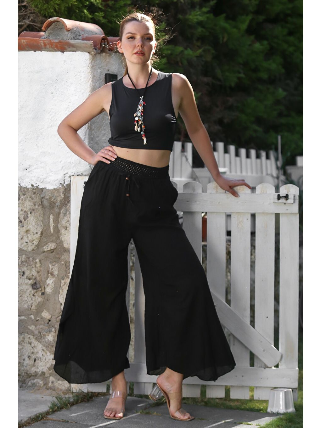 Siyah Cepli Astarlı Lastikli Ve Bağlamalı Bel Geniş Paça Casual Dokuma Pantolon 105 65-6