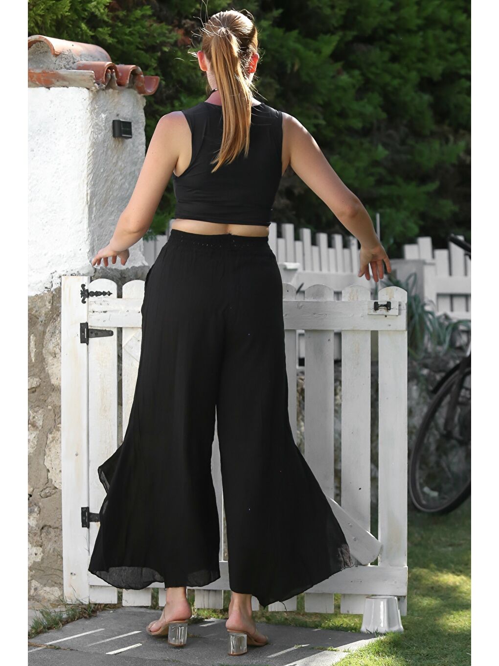 Siyah Cepli Astarlı Lastikli Ve Bağlamalı Bel Geniş Paça Casual Dokuma Pantolon 105 65-7