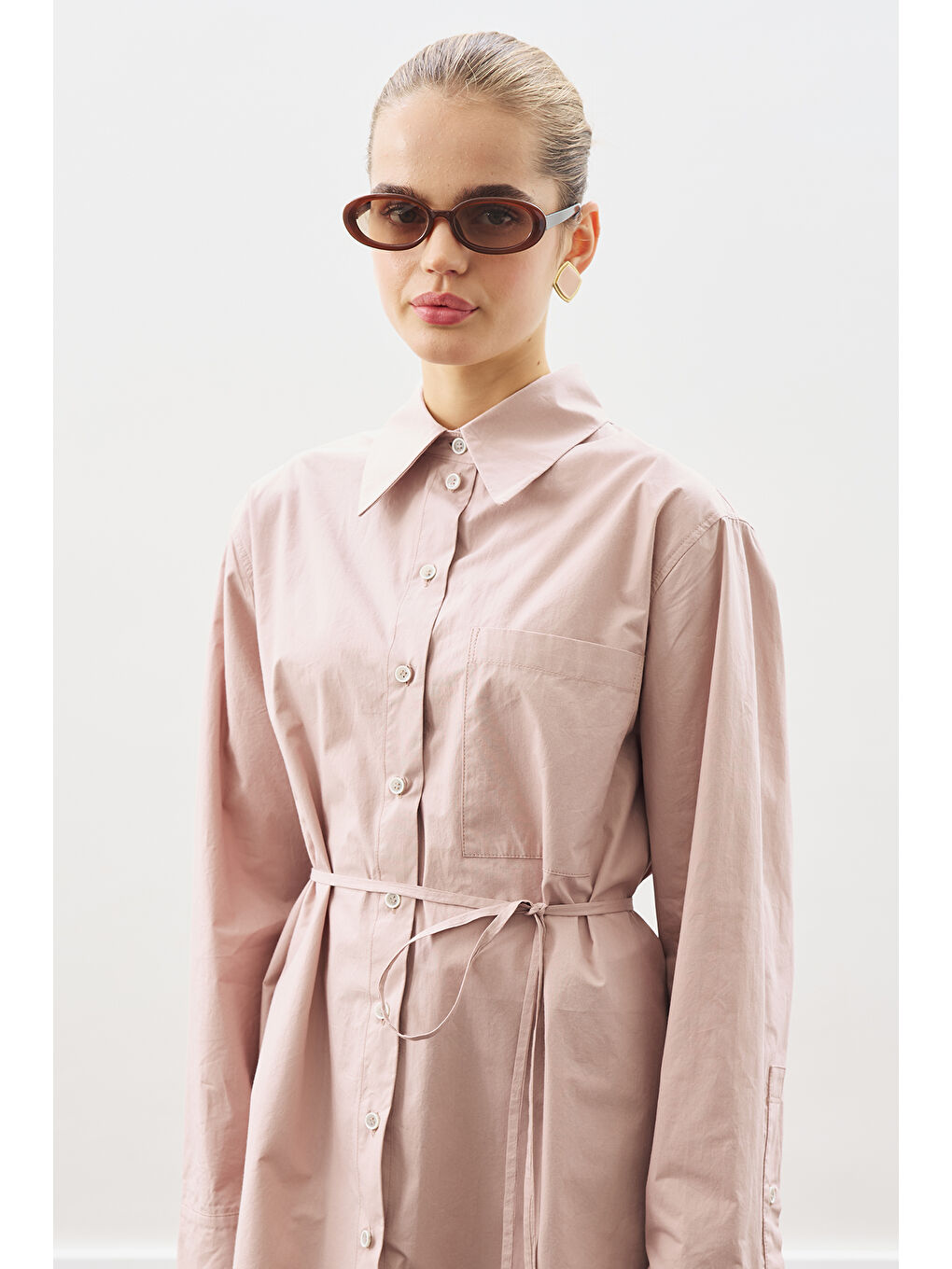 Üçgen Fularlı Oversıze Gömlek Soft Pembe-4