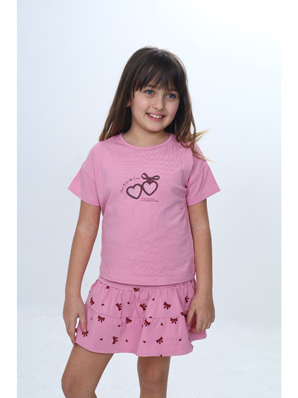 Pembe Kız Çocuk 2'li Takım Bisiklet Yaka Kısa Kollu Baskılı Tişört - Beli Lastikli Baskılı Şort Etek 24-1