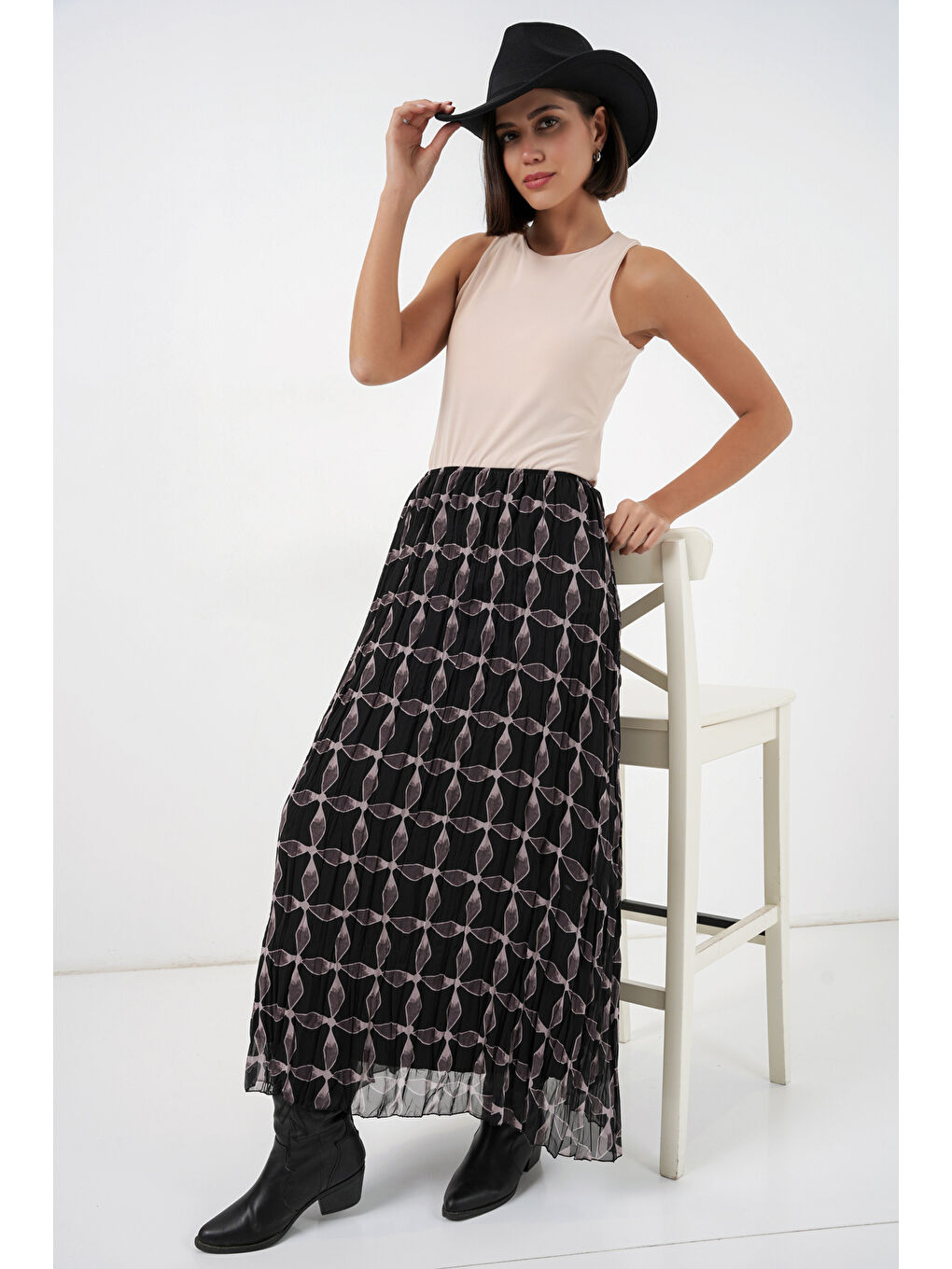 Kadın Desenli Astarlı Şifon Etek 8058 - Siyah-4