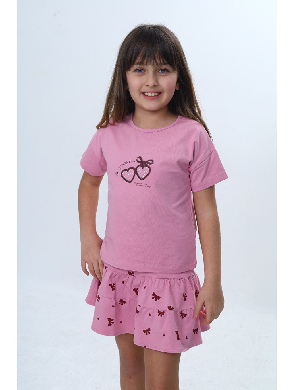 Pembe Kız Çocuk 2'li Takım Bisiklet Yaka Kısa Kollu Baskılı Tişört - Beli Lastikli Baskılı Şort Etek 24-2