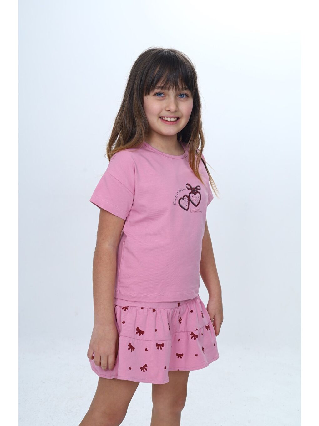 Pembe Kız Çocuk 2'li Takım Bisiklet Yaka Kısa Kollu Baskılı Tişört - Beli Lastikli Baskılı Şort Etek 24-3