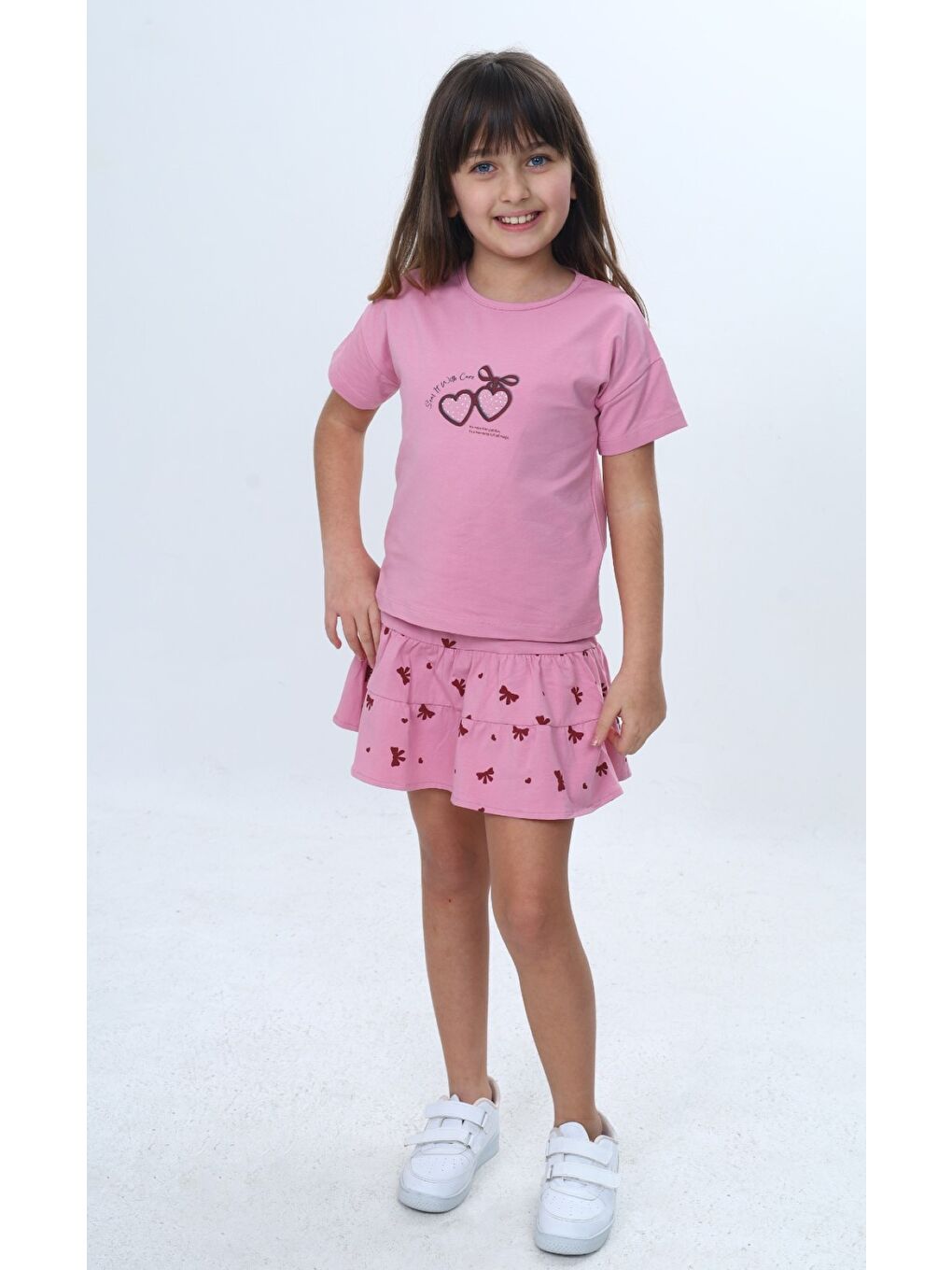 Pembe Kız Çocuk 2'li Takım Bisiklet Yaka Kısa Kollu Baskılı Tişört - Beli Lastikli Baskılı Şort Etek 24-4