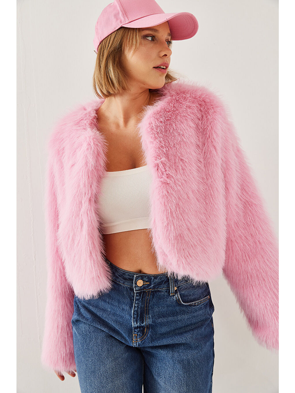 Pembe Kadın Suni Kürkllü Astarlı Mont-1