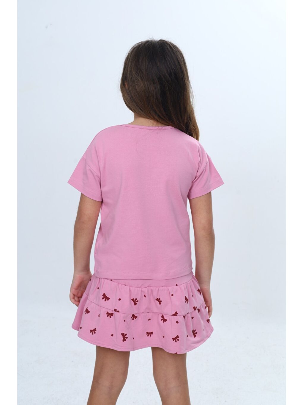 Pembe Kız Çocuk 2'li Takım Bisiklet Yaka Kısa Kollu Baskılı Tişört - Beli Lastikli Baskılı Şort Etek 24-5