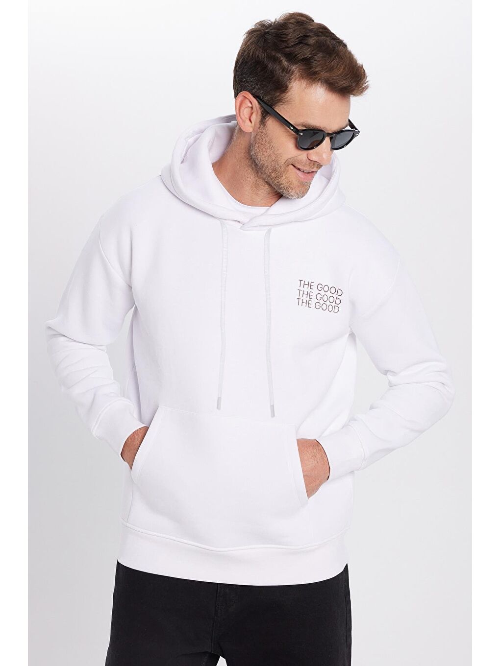 Unisex Oversize Geniş Kesim Pamuklu Yumuşak Dokulu İçi Polarlı Baskılı Beyaz Kapüşonlu Erkek Hoodie