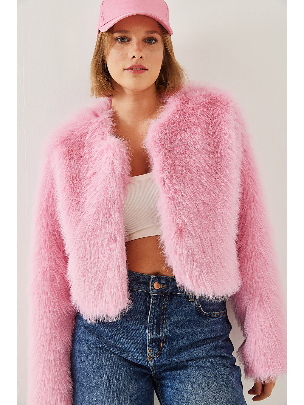 Pembe Kadın Suni Kürkllü Astarlı Mont-2