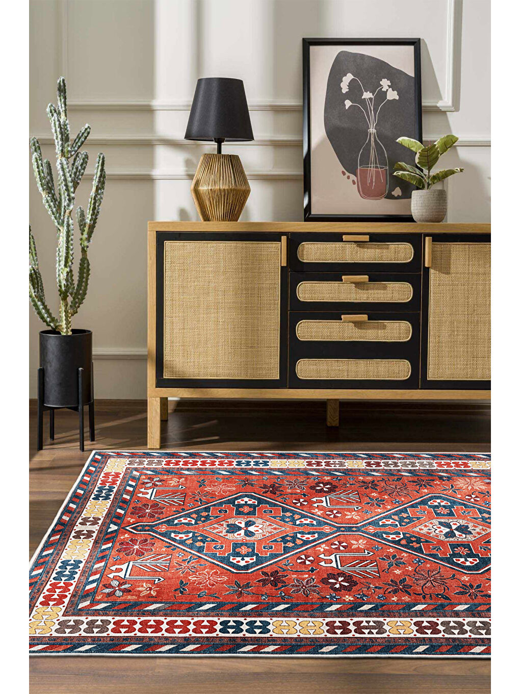 Kırmızı Dekoratif Özel Tasarım Yıkanabilir İnce Kaymaz Tabanlı Modern Halı KECE FR28-1