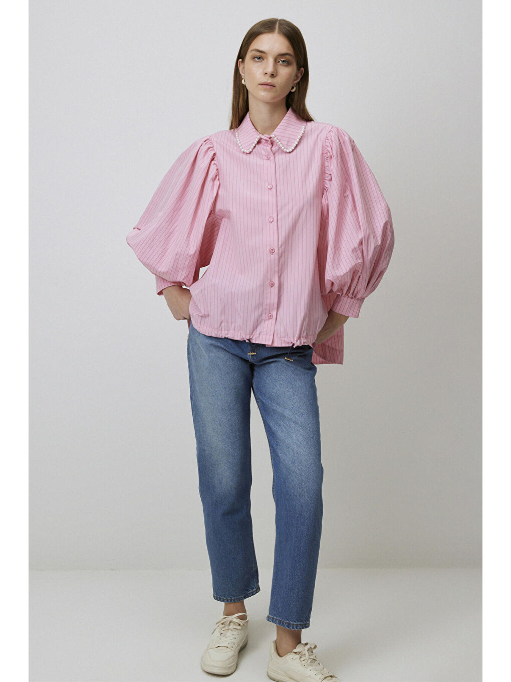 Pembe Yakası İncili Çizgili Gömlek-1