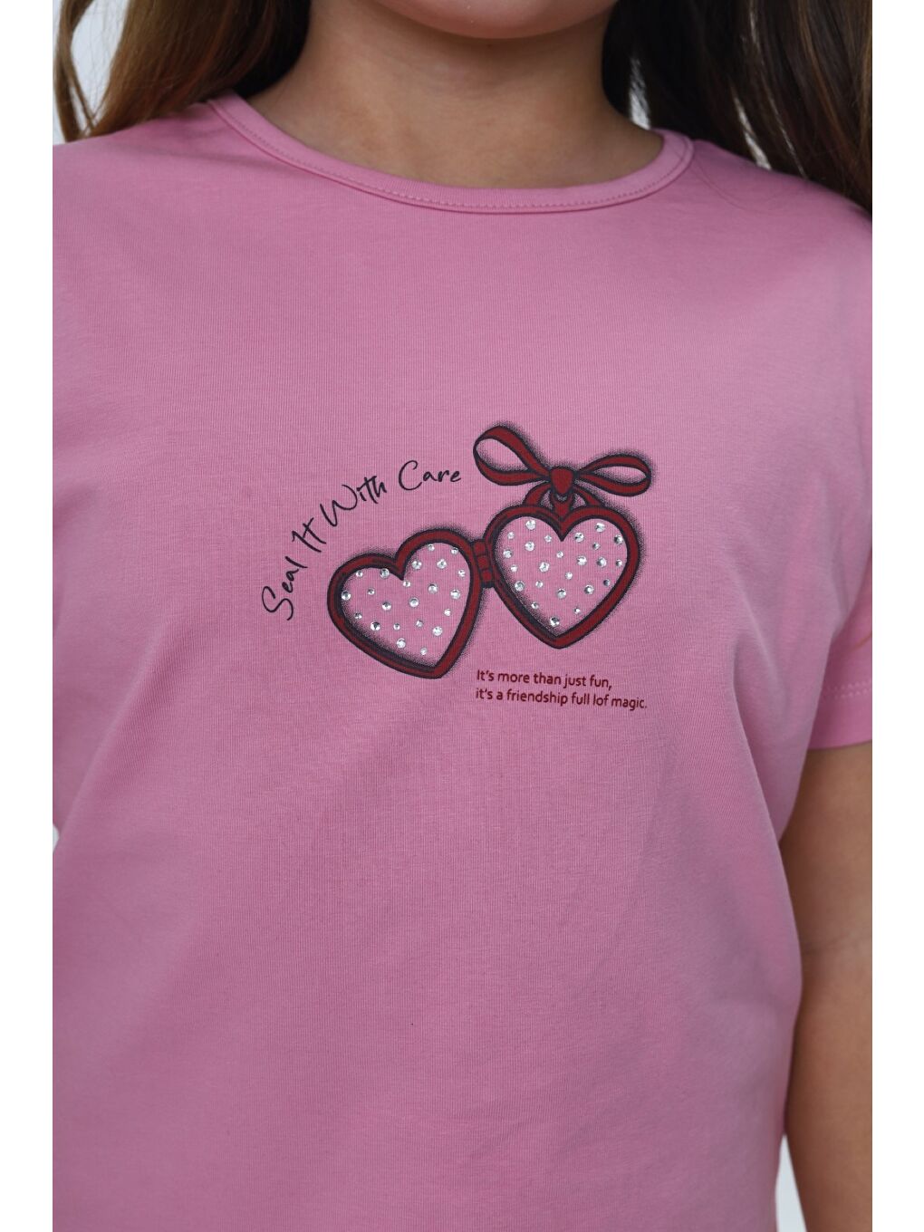 Pembe Kız Çocuk 2'li Takım Bisiklet Yaka Kısa Kollu Baskılı Tişört - Beli Lastikli Baskılı Şort Etek 24-7