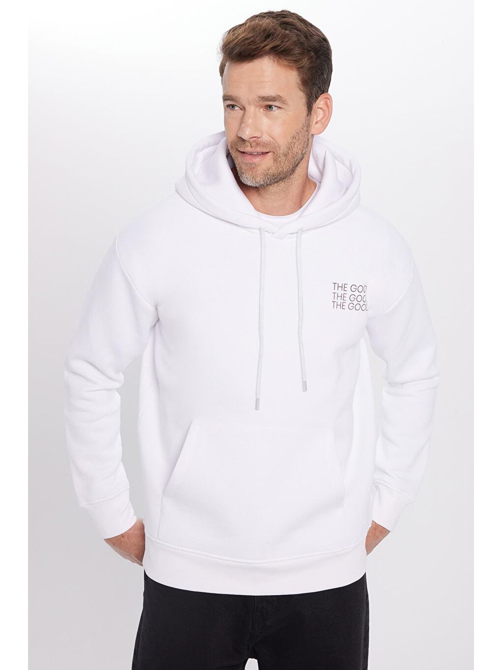 Unisex Oversize Geniş Kesim Pamuklu Yumuşak Dokulu İçi Polarlı Baskılı Beyaz Kapüşonlu Erkek Hoodie-3