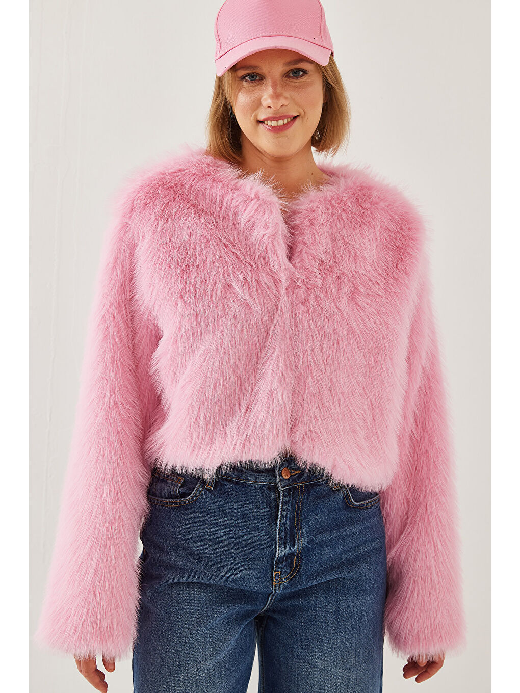 Pembe Kadın Suni Kürkllü Astarlı Mont-4