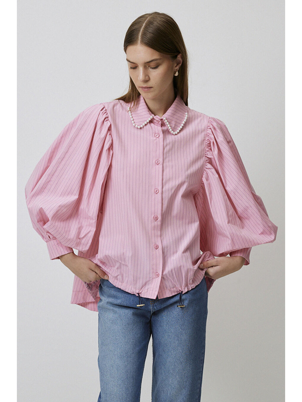 Pembe Yakası İncili Çizgili Gömlek-2