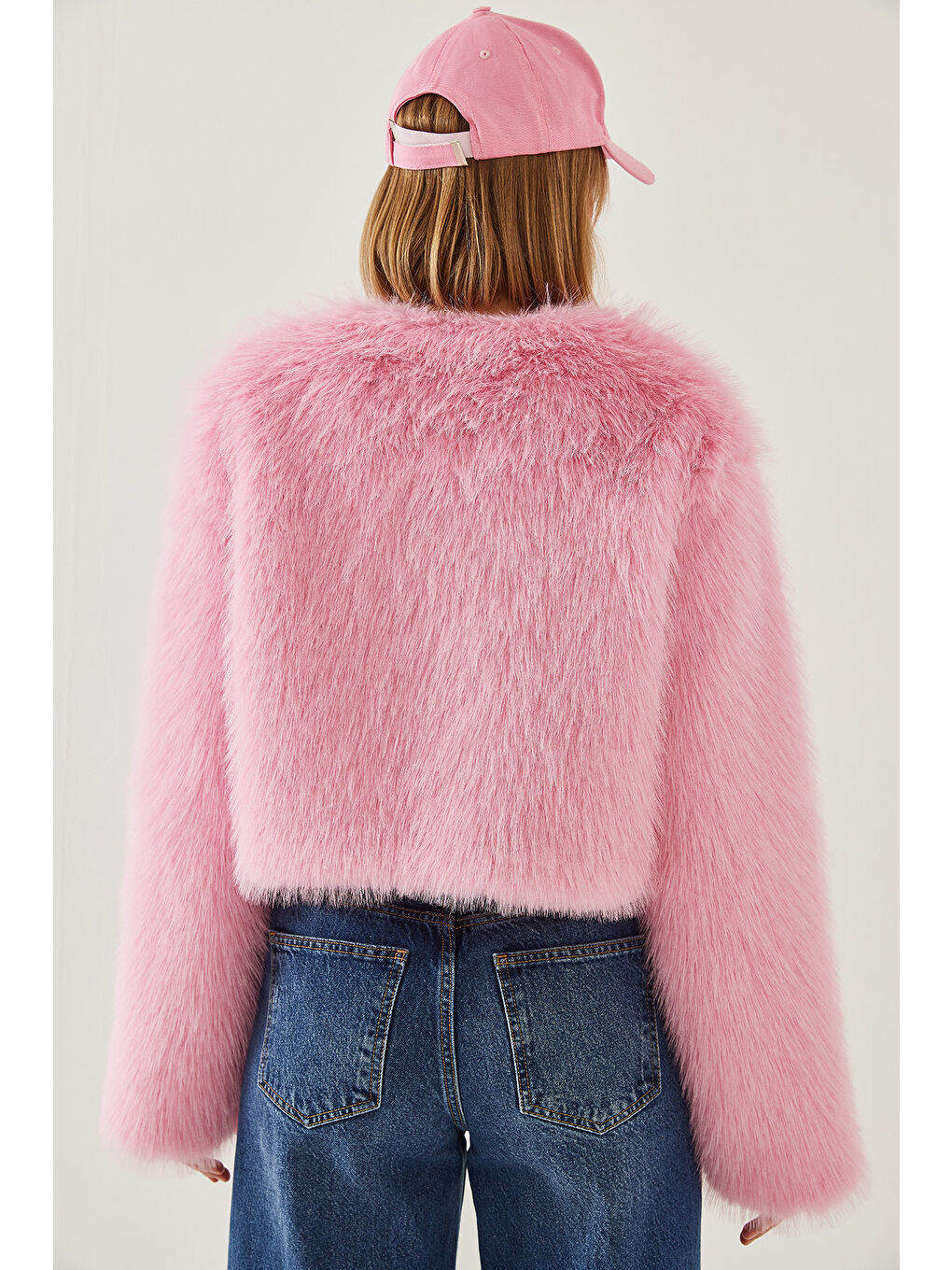 Pembe Kadın Suni Kürkllü Astarlı Mont-5