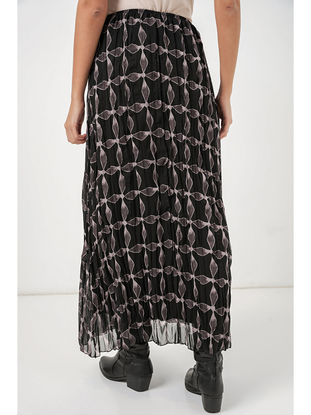 Kadın Desenli Astarlı Şifon Etek 8058 - Siyah-6