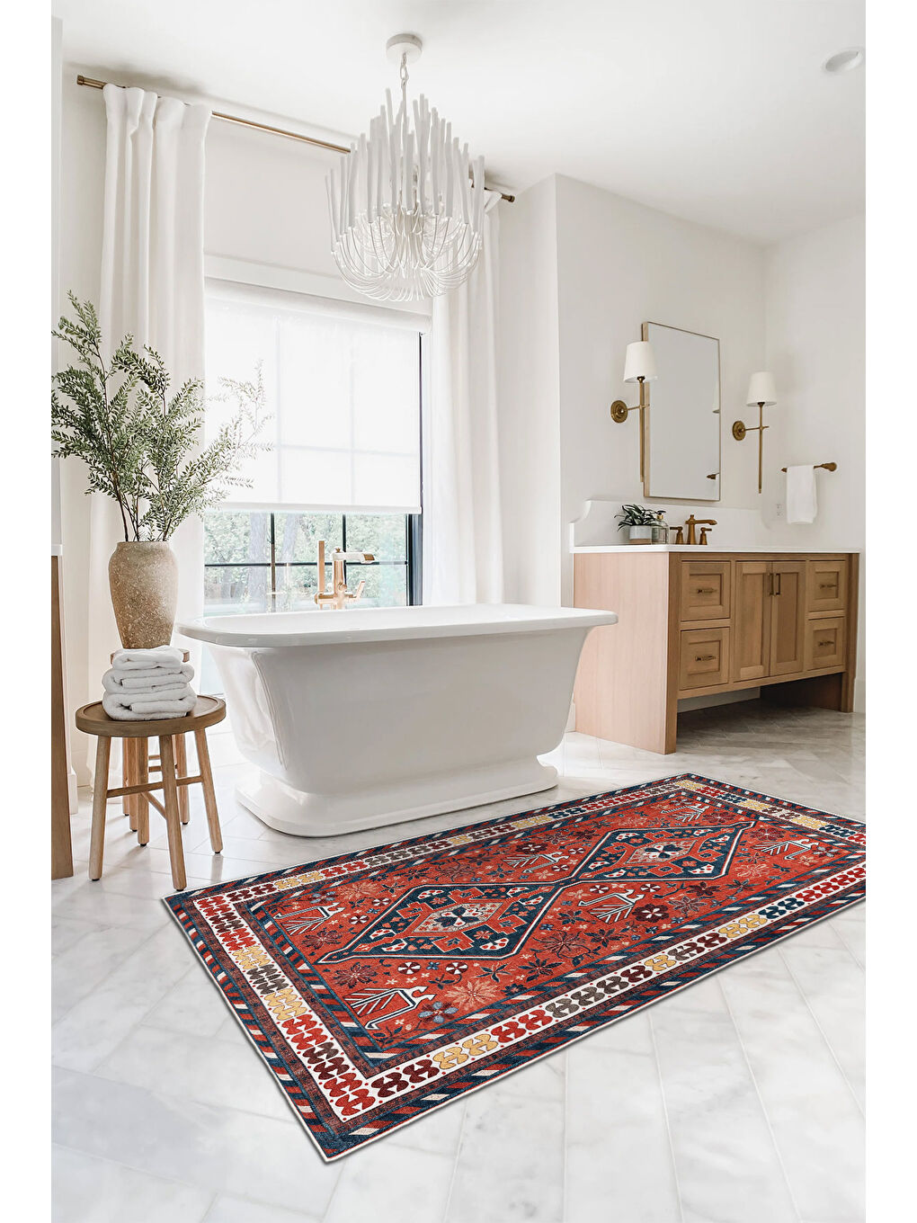 Kırmızı Dekoratif Özel Tasarım Yıkanabilir İnce Kaymaz Tabanlı Modern Halı KECE FR28-3