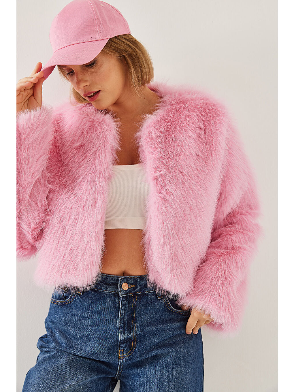 Pembe Kadın Suni Kürkllü Astarlı Mont-6