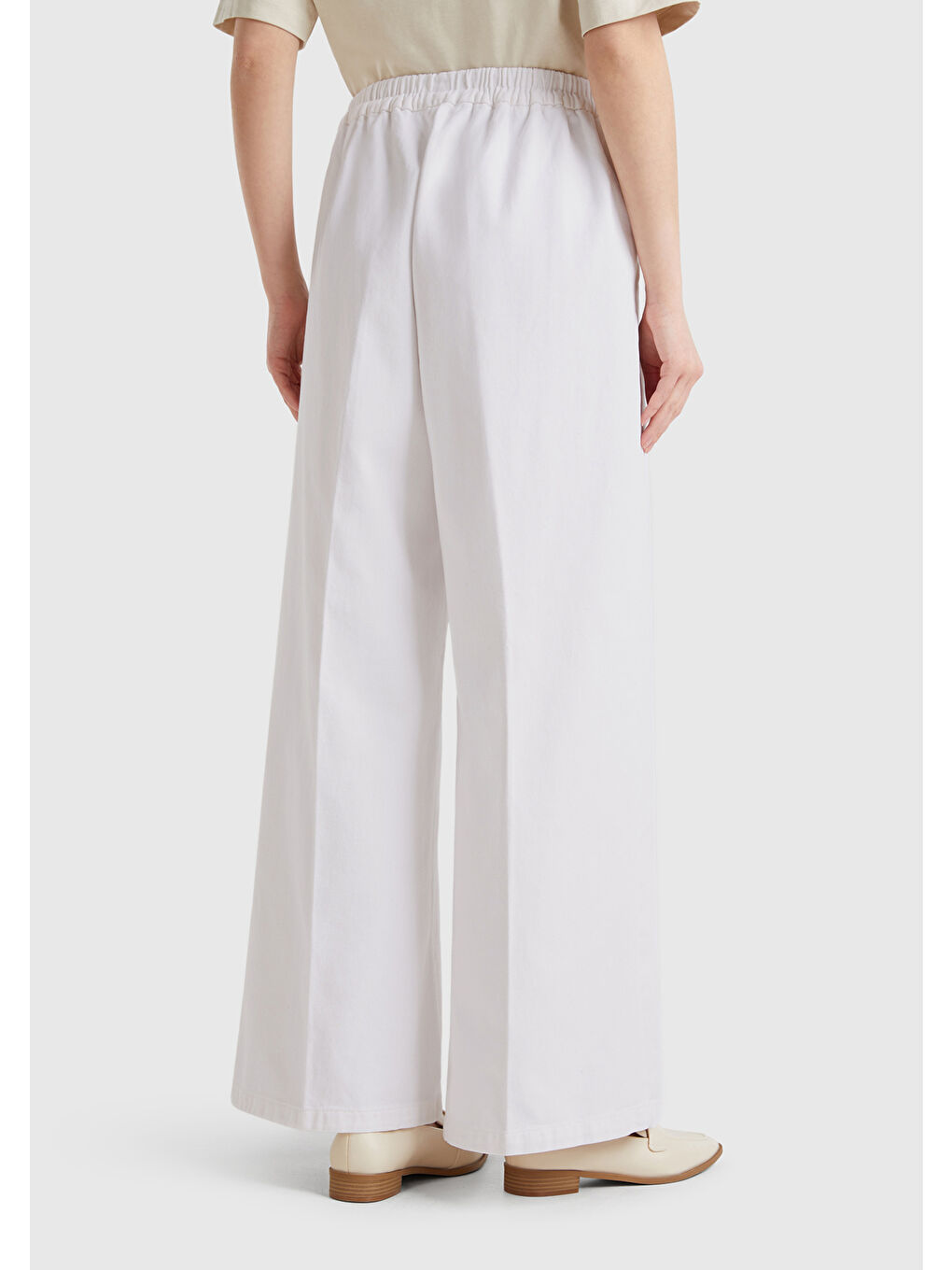 Kadın Beyaz %100 Pamuk Arka Beli Lastikli Palazzo Pantolon-2