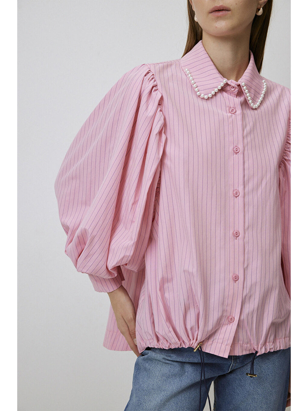 Pembe Yakası İncili Çizgili Gömlek-4