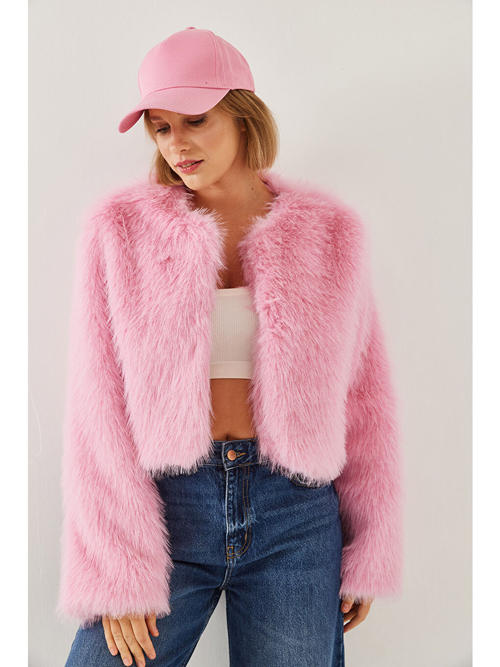 Pembe Kadın Suni Kürkllü Astarlı Mont-7