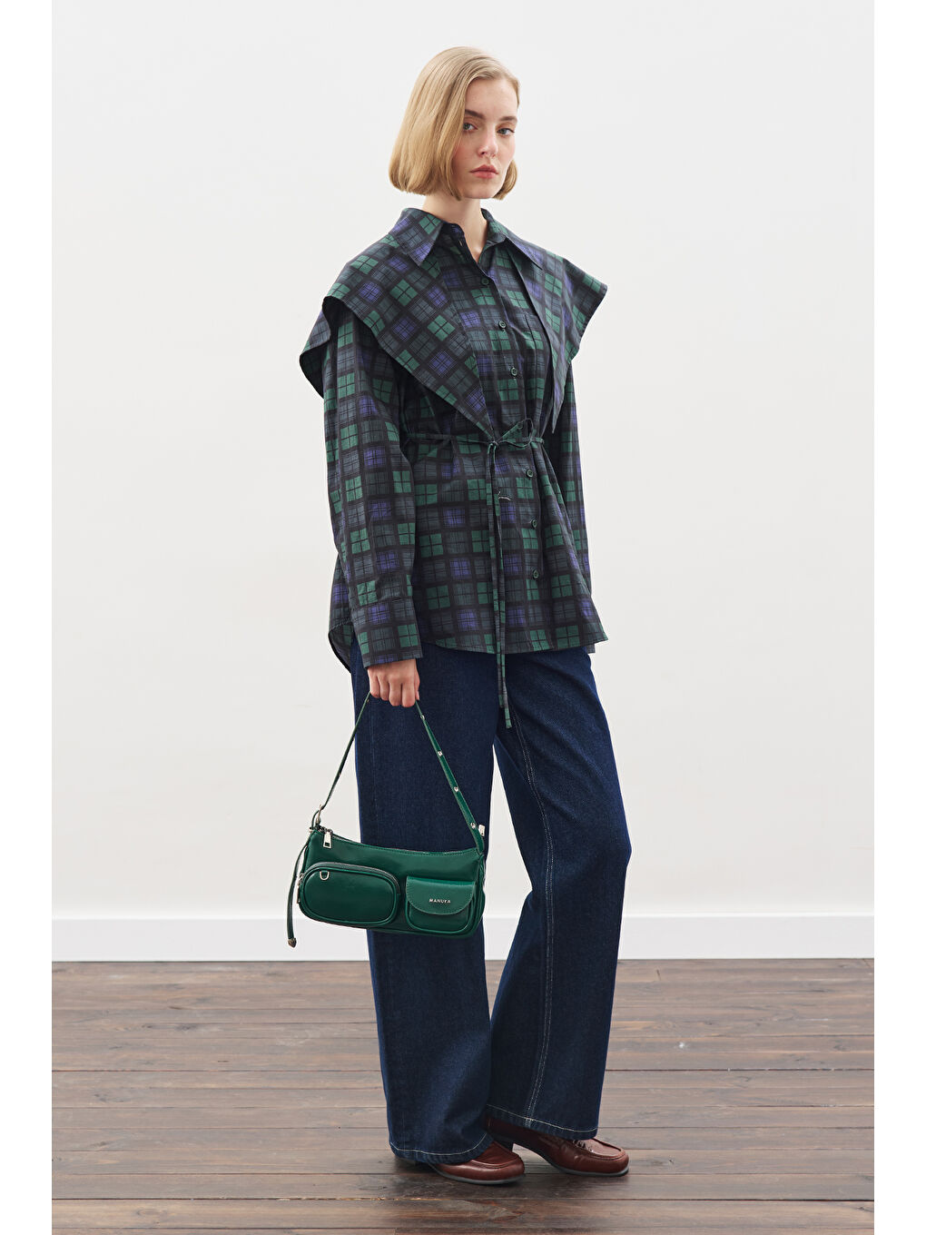 Üçgen Fularlı Oversıze Gömlek Ekose Lacivert-1