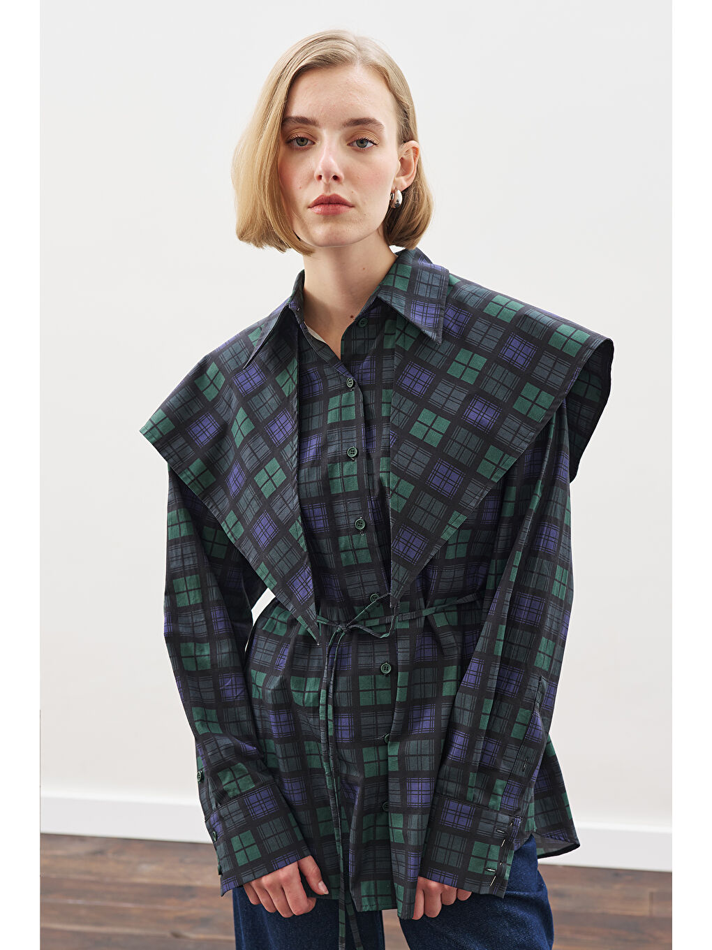 Üçgen Fularlı Oversıze Gömlek Ekose Lacivert-2