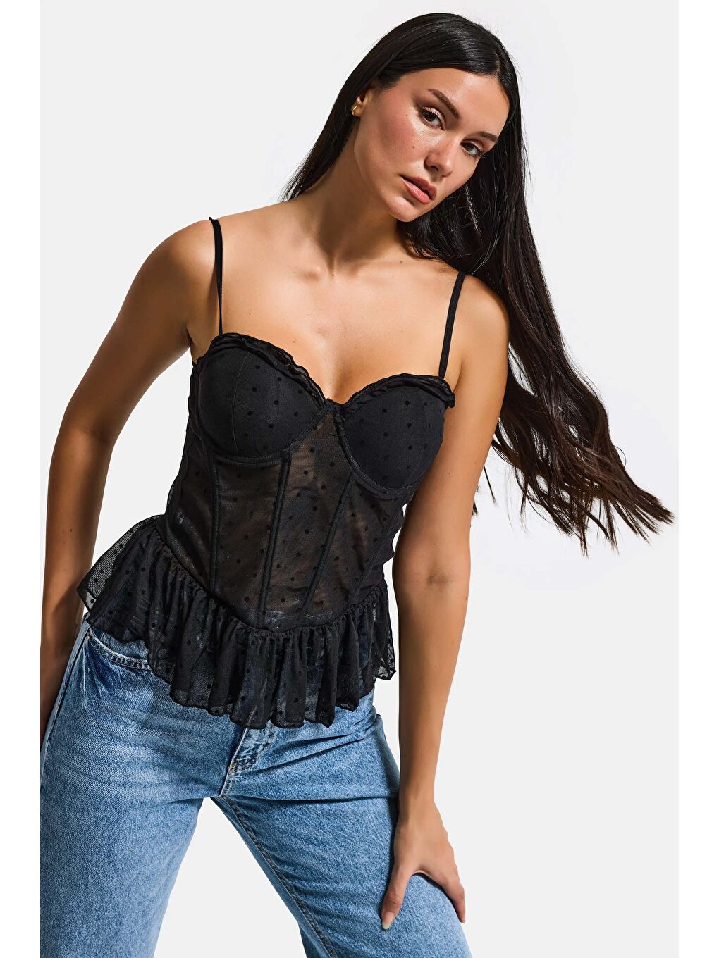 Kadın Siyah w5 Balenli Cup Destekli Askılı Büstiyer-4
