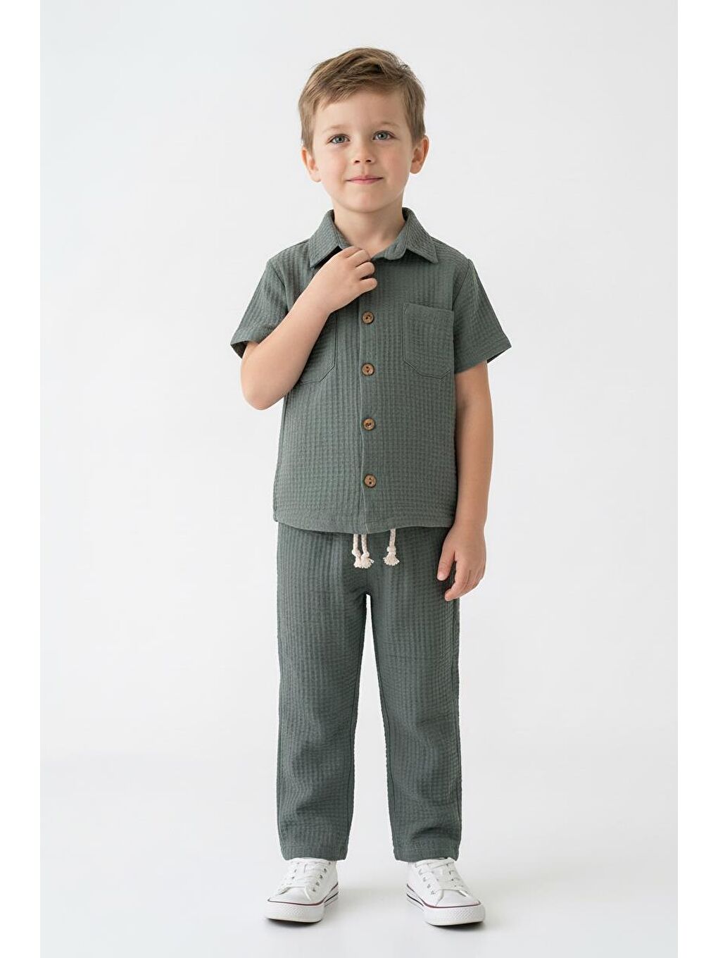 Haki Gofreli Yazlık Gömlek 2li Takım-3