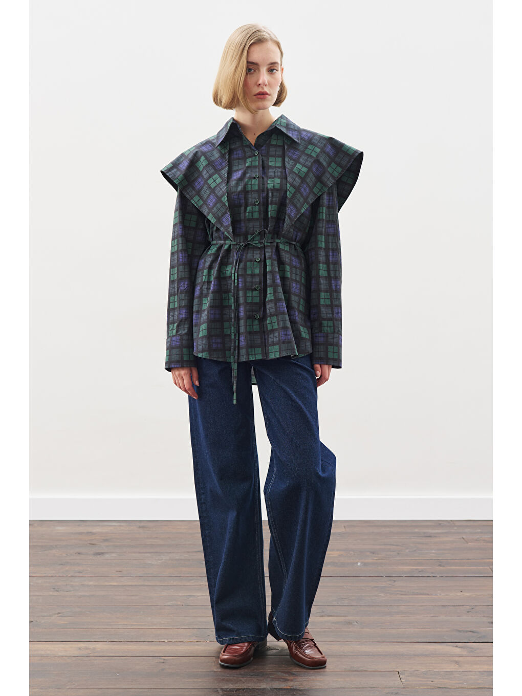 Üçgen Fularlı Oversıze Gömlek Ekose Lacivert-6